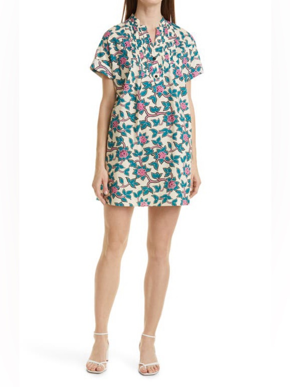 Diane Von Furstenberg Mini Fiona Dress with Ivory, Teal & Pink Floral Print
